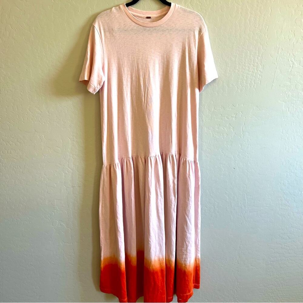 Free People Women's Cotton Cream & Pink/Orange Ombre Tiered Maxi tee Shirt Dress